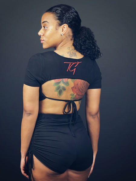 True Goddess Cut Out Tie Back Crop Tee & Drawstring Side Shorts