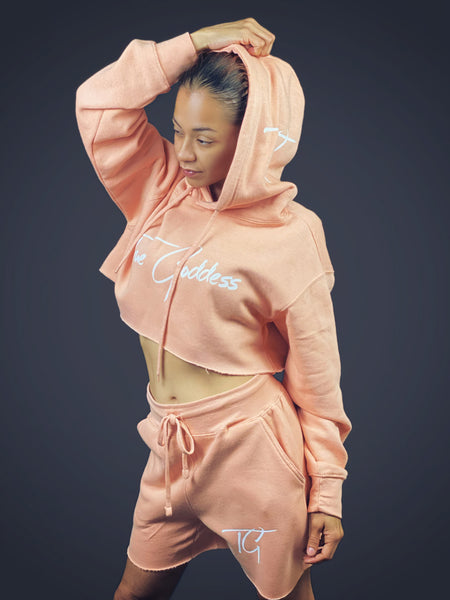 True Goddess Crop Top Hoodie(Peach And White)