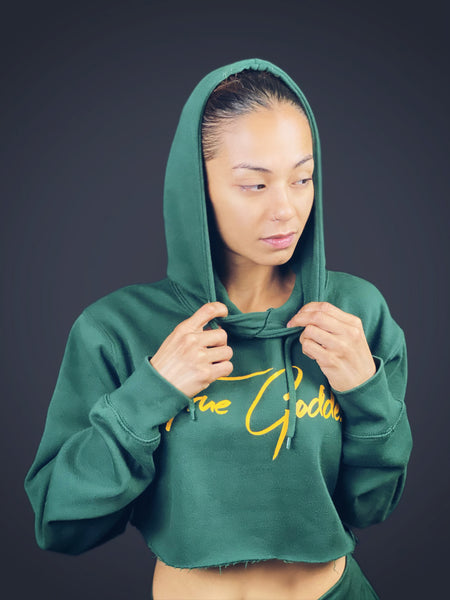 True Goddess Hoodie Crop Top Hoodie (Hunter Green and Yellow)