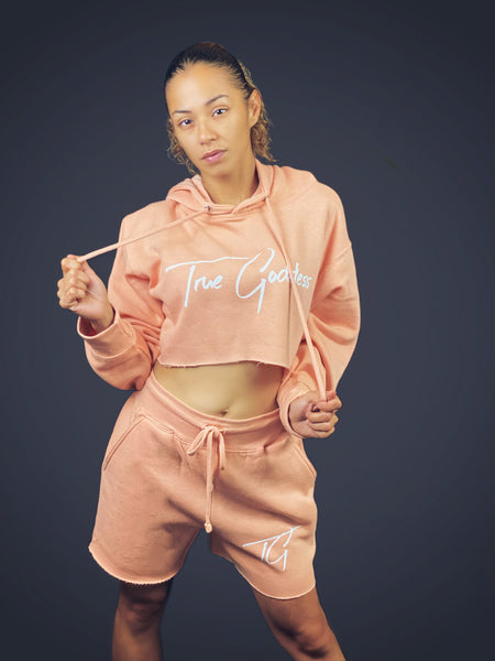 True Goddess Crop Top Hoodie(Peach And White)