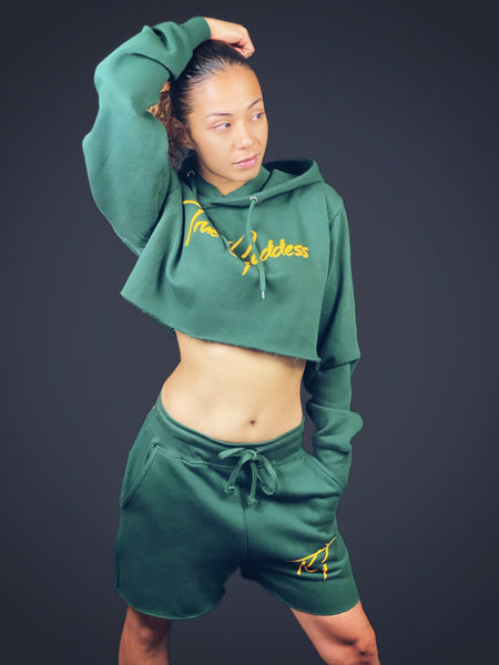 True Goddess Hoodie Crop Top Hoodie (Hunter Green and Yellow)