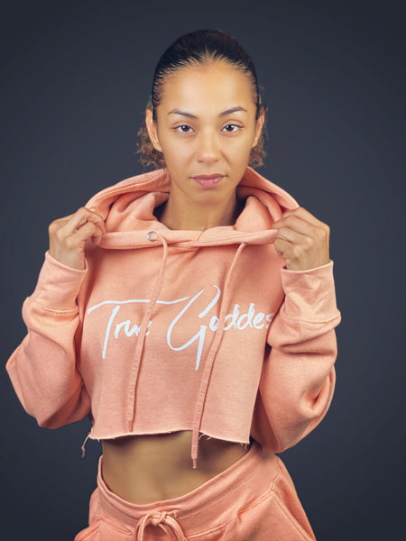 True Goddess Crop Top Hoodie(Peach And White)