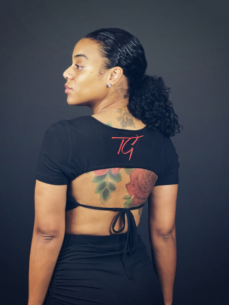 True Goddess Cut Out Tie Back Crop Tee & Drawstring Side Shorts