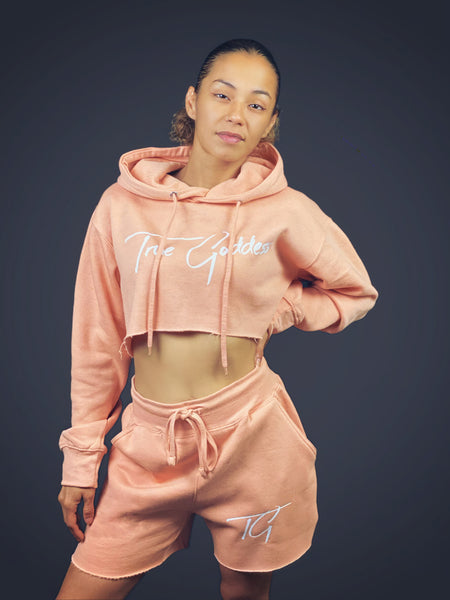 True Goddess Crop Top Hoodie(Peach And White)
