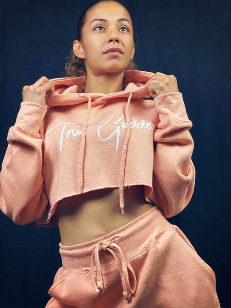 True Goddess Crop Top Hoodie(Peach And White)