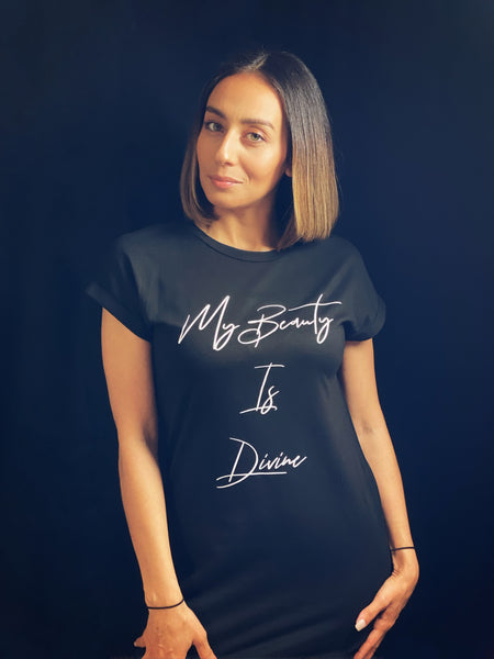 True Goddess “My Beauty Is Divine”(Batwing Sleeve Tee Dress Black and White)